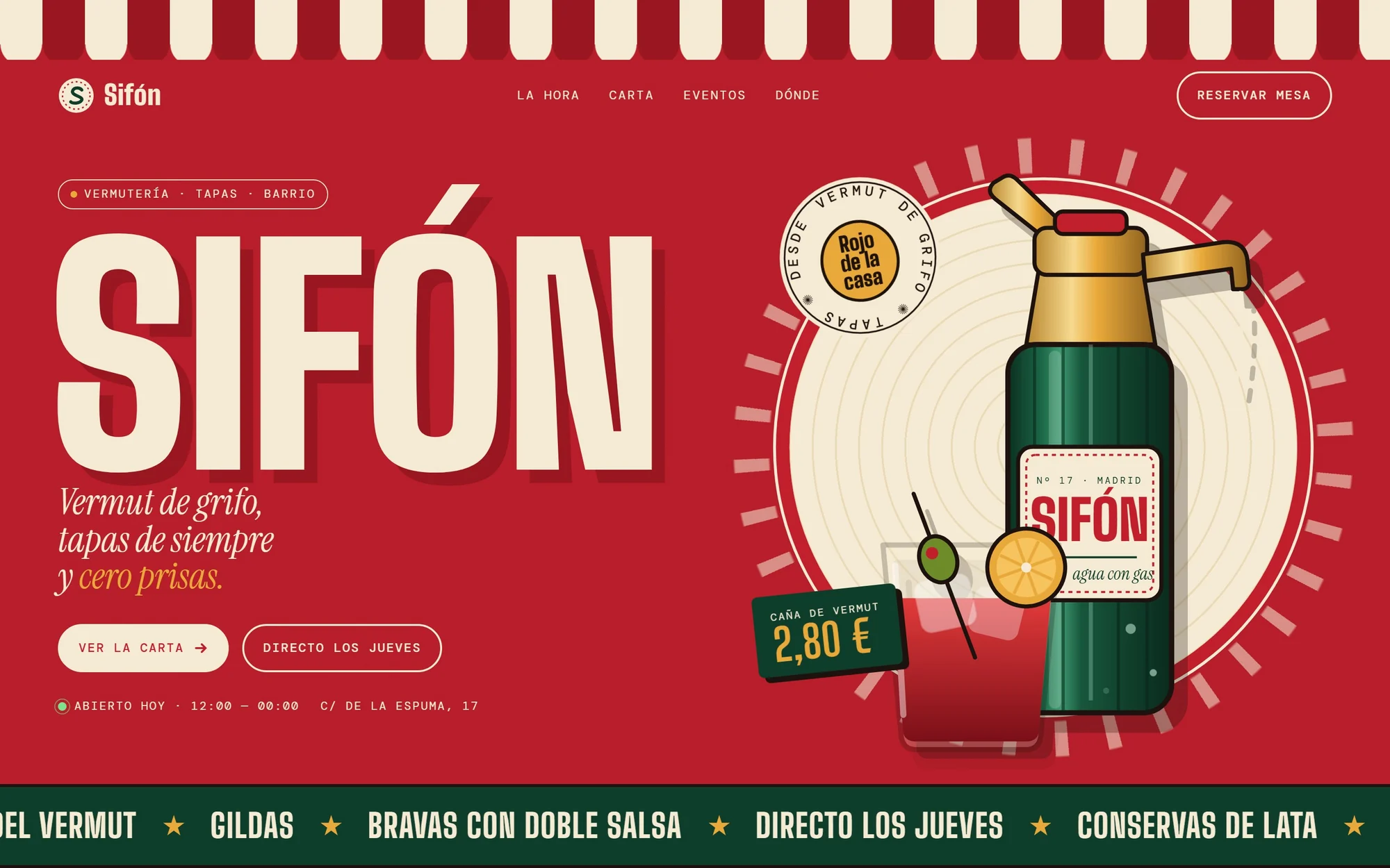 Web de Sifón, vermutería: concepto de muestra de Sise Agency